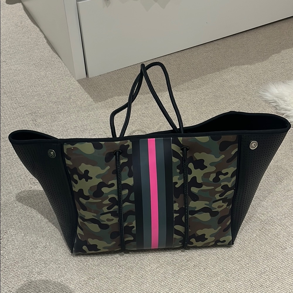 Green and Pink Camouflage Tote Bag with Black Trim